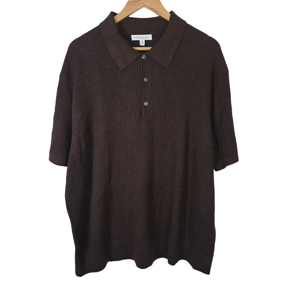 Banana Republic Mens XXL Brown Linen Cotton Ribbed Knit Polo Shirt Old Money